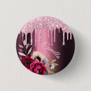 Burgundy rosa glitter drip metall blommigt namn br knapp
