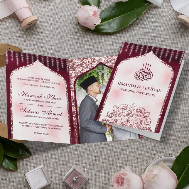 Burgundy  Rosa Glitter Islamic Arch Bröllop Inbjudan (Skapare uppladdad)