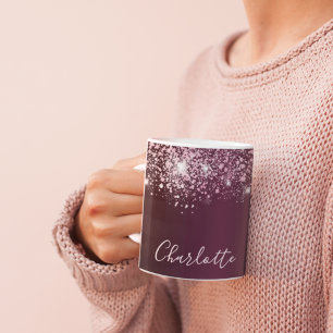 Burgundy rosa glitter stoft namn kaffemugg