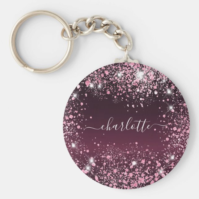 Burgundy rosa glitter stoft namn nyckelring (Framsidan)