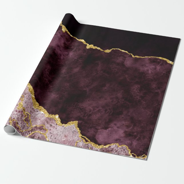 Burgundy  Rosa Gold Foil Agate Marble Gilt Presentpapper (Utrullad)