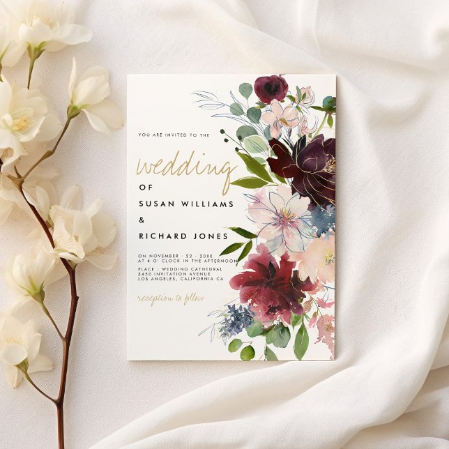 Burgundy rosa guld blombuquet vit bröllop inbjudningar (Burgundy pink gold flower bouquet white wedding)