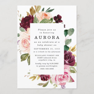 Burgundy  Rosa Guld Blommigt Boho Baby Shower Inbjudningar