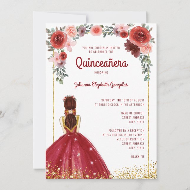 Burgundy Rosa Guld Blommigt Princess Quinceanera Inbjudningar (Framsida)