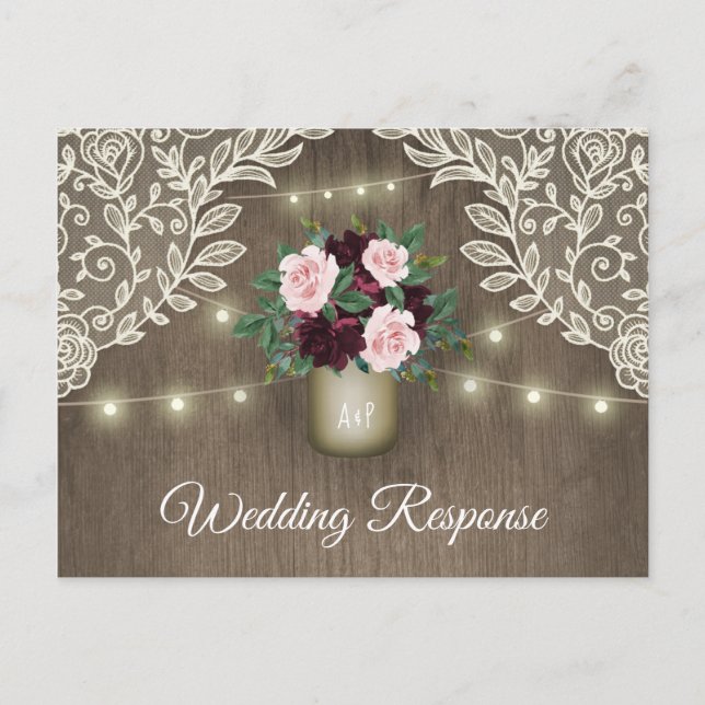 Burgundy  Rosa Guld Mason Burk Bröllop OSA Inbjudan Vykort (Framsida)