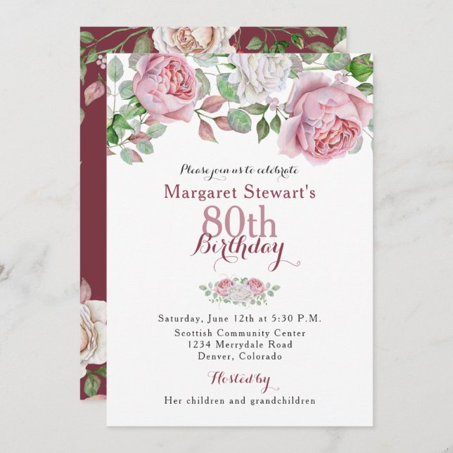 Burgundy Rosa Land Ro 80:e födelsedag Inbjudan (Fram/baksida)