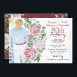 Burgundy Rosa Land Ro Foto 80:e födelsedagen Inbjudningar<br><div class="desc">Burgundy och rosa chic blommigt land 80:e fotofödelsedagsinbjudan. Den här rosa och vit ros vuxens inbjudan till kvinnor på fotofödelsedagen är ett bra val för en sommarfödelsedag eller en höstfödelsedag. Även om du kan använda den även för en vår- eller vinterfödelsedag. Den här inbjudan till 80-årsfotofotomallen i ro har vackra...</div>