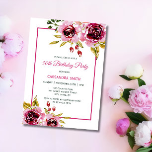 Burgundy Rosa Lila Ro Rustic Blommigt Birthag Inbjudningar