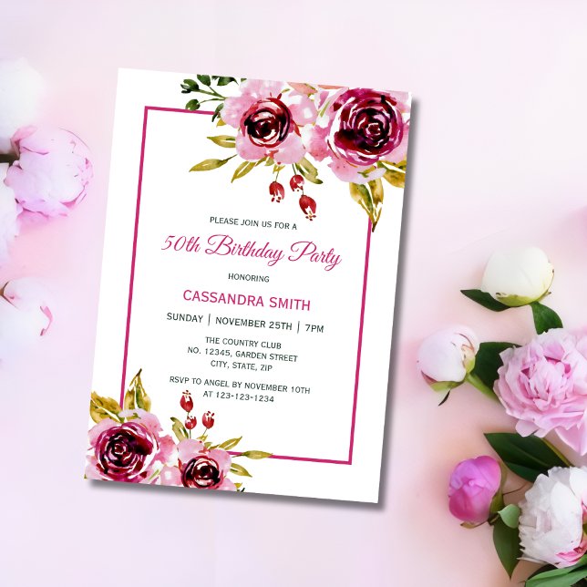 Burgundy Rosa Lila Ro Rustic Blommigt Birthag Inbjudningar (Skapare uppladdad)