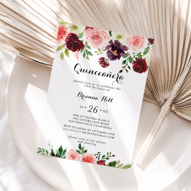 Burgundy Rosa Lila Vår Blommigt Quinceañera Inbjudningar (Skapare uppladdad)