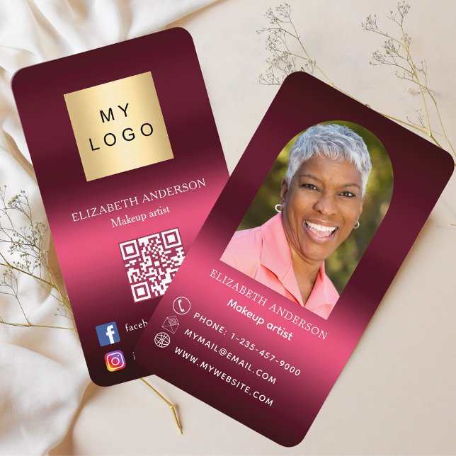 Burgundy rosa logotyp fotoarch Qr code social medi Visitkort (Skapare uppladdad)