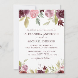 Burgundy Rosa Modern Watercolor Blommigt Bröllop Inbjudningar