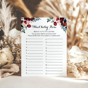 Burgundy Rosa Navy Blommigt ABC Baby Shower Game