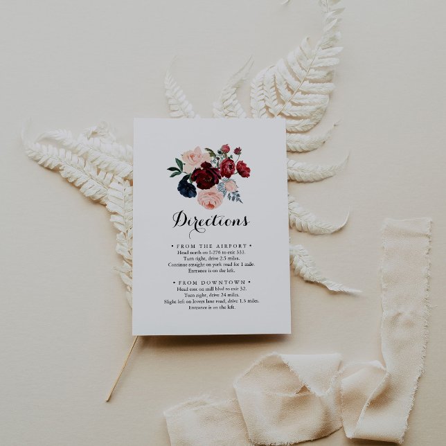Burgundy Rosa Navy Blommigt Bröllop Directions Tilläggskort (Skapare uppladdad)