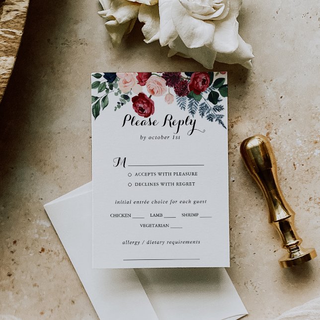 Burgundy Rosa Navy Blommigt Bröllop Menu Choice OS OSA Kort (Skapare uppladdad)