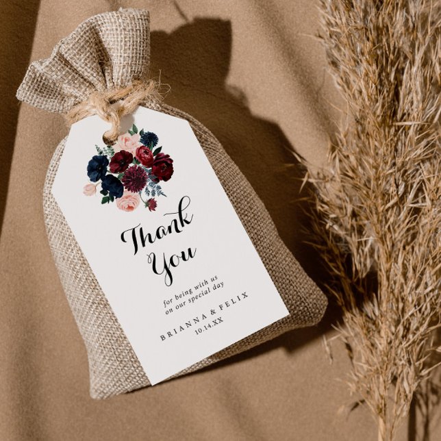 Burgundy Rosa Navy Blommigt Bröllop Tack Presentetikett (Skapare uppladdad)
