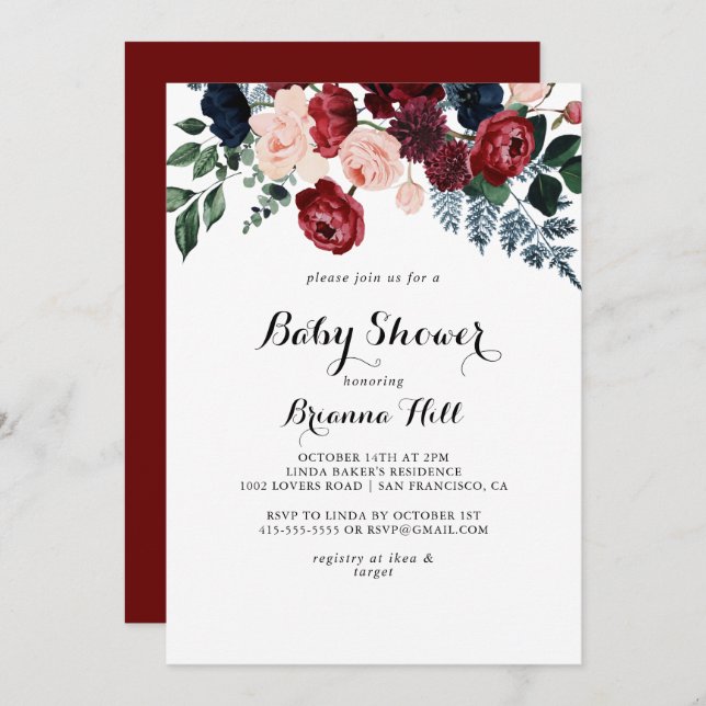 Burgundy Rosa Navy Blommigt Calligraphy Baby Showe Inbjudningar (Fram/baksida)
