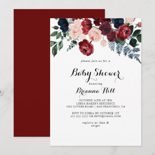 Burgundy Rosa Navy Blommigt Calligraphy Baby Showe Inbjudningar