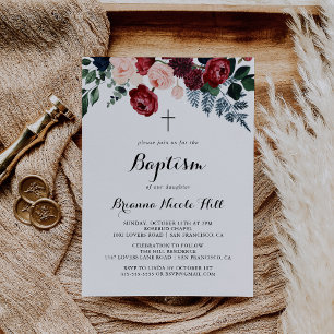 Burgundy Rosa Navy Blommigt Calligraphy Baptism Inbjudningar