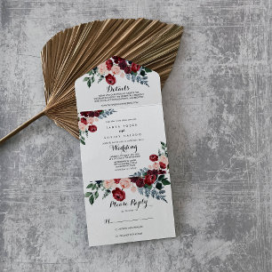 Burgundy Rosa Navy Blommigt Calligraphy Bröllop
