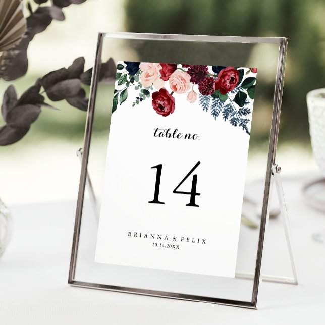 Burgundy Rosa Navy Blommigt Calligraphy Bröllop Bordsnummer (Skapare uppladdad)