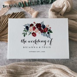 Burgundy Rosa Navy Blommigt Calligraphy Bröllop Gästböcker