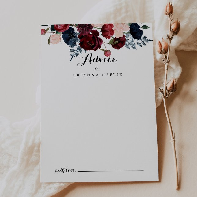 Burgundy Rosa Navy Blommigt Calligraphy Bröllop Rådkort (Skapare uppladdad)