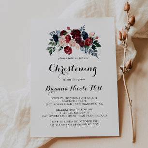 Burgundy Rosa Navy Blommigt Calligraphy Christenin Inbjudningar