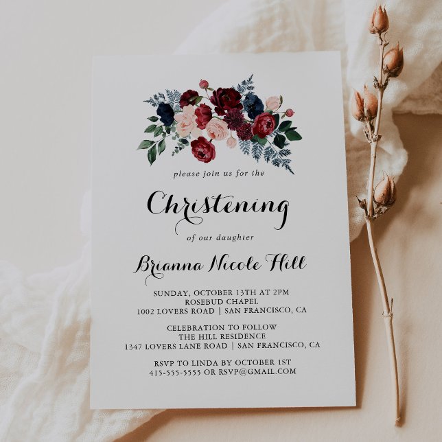 Burgundy Rosa Navy Blommigt Calligraphy Christenin Inbjudningar (Skapare uppladdad)