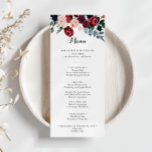 Burgundy Rosa Navy Blommigt Dinner Menu Meny<br><div class="desc">Det här burgundiska menykortet för rosa marin blommigt är perfekt för ett orusbart bröllop. Konstruktionen har vattenfärgsfärg,  rosa,  ,  marin,  blå och burgundisk persilja,  ro med grönt foliage som är väl sammansatt i elegant bouquets. Den här menyn kan användas för bröllopsmottagning,  repetitionsmiddag,  möhippa eller vilken händelse som helst.</div>