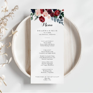Burgundy Rosa Navy Blommigt Dinner Menu Meny