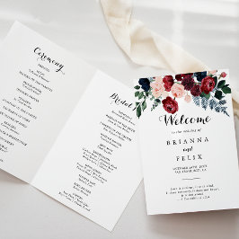 Burgundy Rosa Navy Blommigt Foldad Bröllop Program