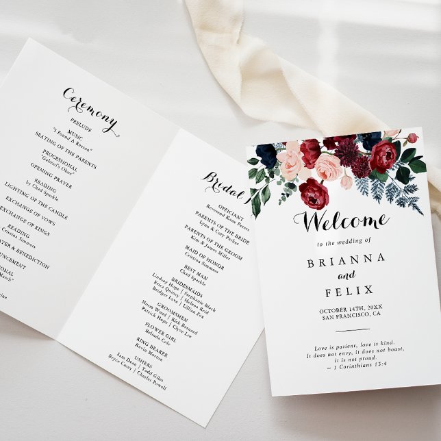 Burgundy Rosa Navy Blommigt Foldad Bröllop Program (Skapare uppladdad)