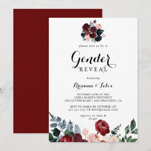 Burgundy Rosa Navy Blommigt Gender Reveal Party Inbjudningar