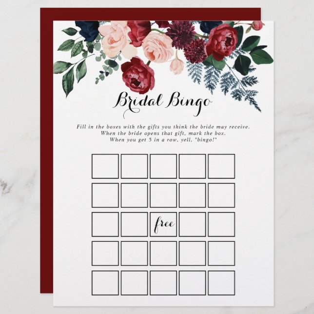Burgundy Rosa Navy Blommigt Möhippa Bingo Game (Fram/baksida)