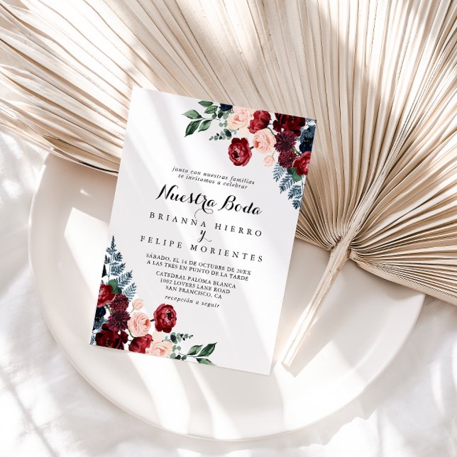 Burgundy Rosa Navy Blommigt Nuestra Boda Bröllop Inbjudningar (Skapare uppladdad)