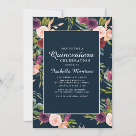 Burgundy  Rosa Navy Blommigt Quinceañera Inbjudningar