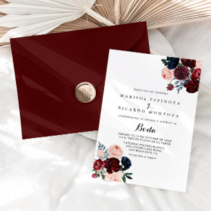 Burgundy Rosa Navy Blommigt Spain Bröllop Inbjudningar