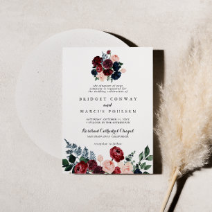 Burgundy Rosa Navy Blommigt Traditional Bröllop Inbjudningar