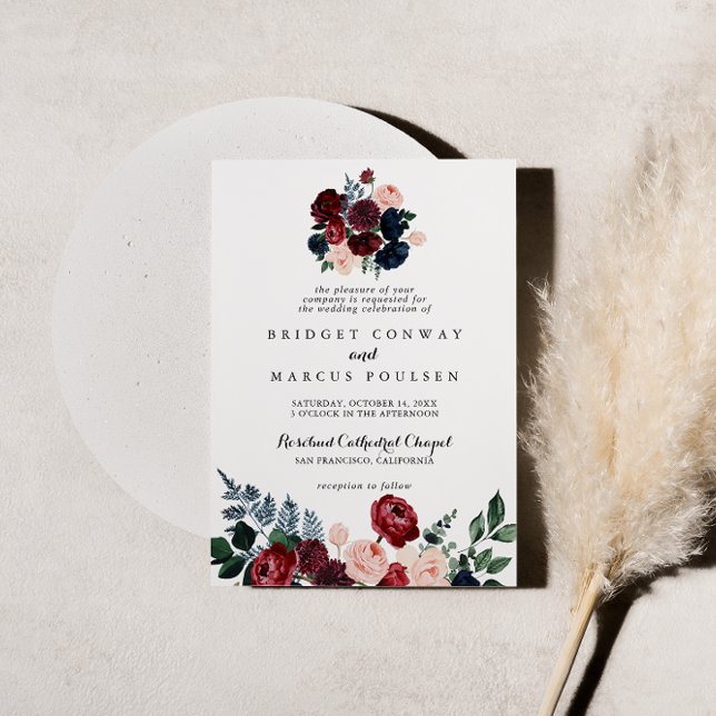 Burgundy Rosa Navy Blommigt Traditional Bröllop Inbjudningar (Skapare uppladdad)