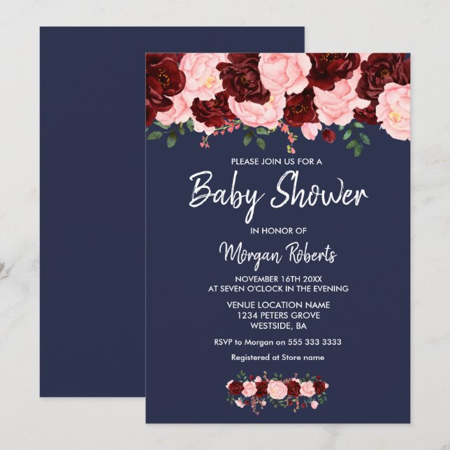 Burgundy Rosa Navy Blue Blommigt Baby Shower Inbju Inbjudningar (Fram/baksida)