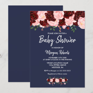 Burgundy Rosa Navy Blue Blommigt Baby Shower Inbju Inbjudningar