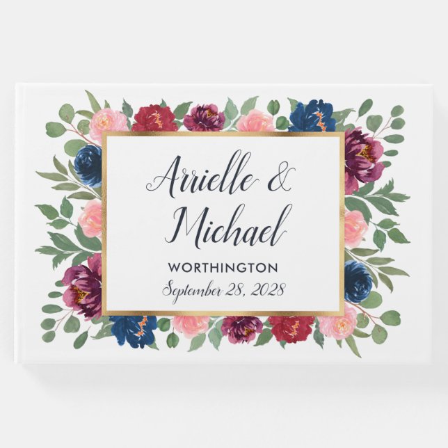 Burgundy  Rosa Navy Blue Marsala Guld Bröllop Gästböcker (Framsida)