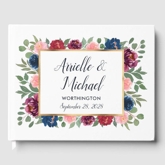 Burgundy  Rosa Navy Blue Marsala Guld Bröllop Gästböcker (Framsida)