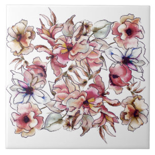 Burgundy Rosa och Blue Blommigt Garland Watercolor Kakelplatta