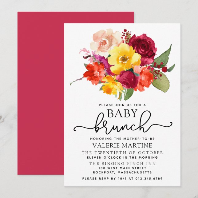 Burgundy Rosa Orange Gult Baby Brunch Inbjudningar (Fram/baksida)
