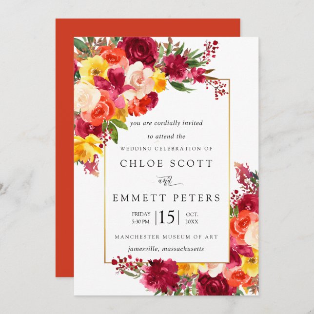 Burgundy Rosa Orange Gult Blommigt Bröllop Inbjudningar (Fram/baksida)