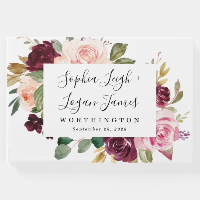 Burgundy  Rosa Peach Guld Blommigt Boho Bröllop Gästböcker (Framsida)