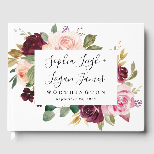 Burgundy  Rosa Peach Guld Blommigt Boho Bröllop Gästböcker (Framsida)