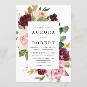Burgundy  Rosa Peach Guld Blommigt Boho Bröllop Inbjudningar